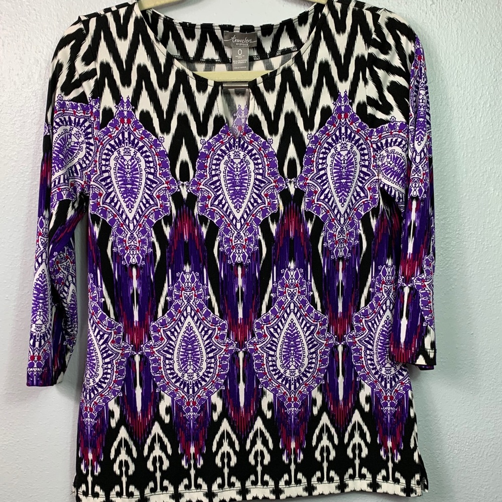 Travelers by Chico’s 3/4 Sleeve Purple Print Top